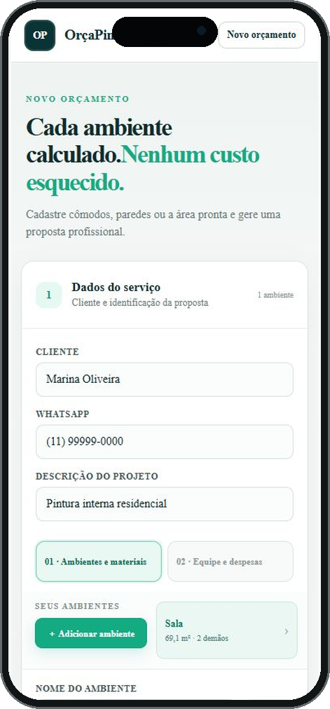 Tela do OrçaPintura Pro — Cadastre os ambientes